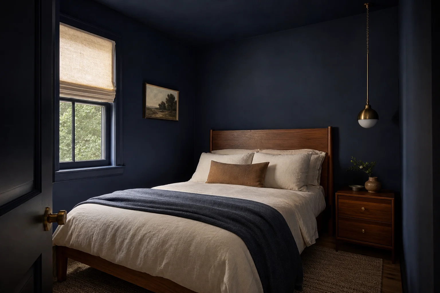 A small bedroom color-drenched in deep muted navy on walls, ceiling and trim, with warm wood furniture, cream linen bedding and a brass pendant light