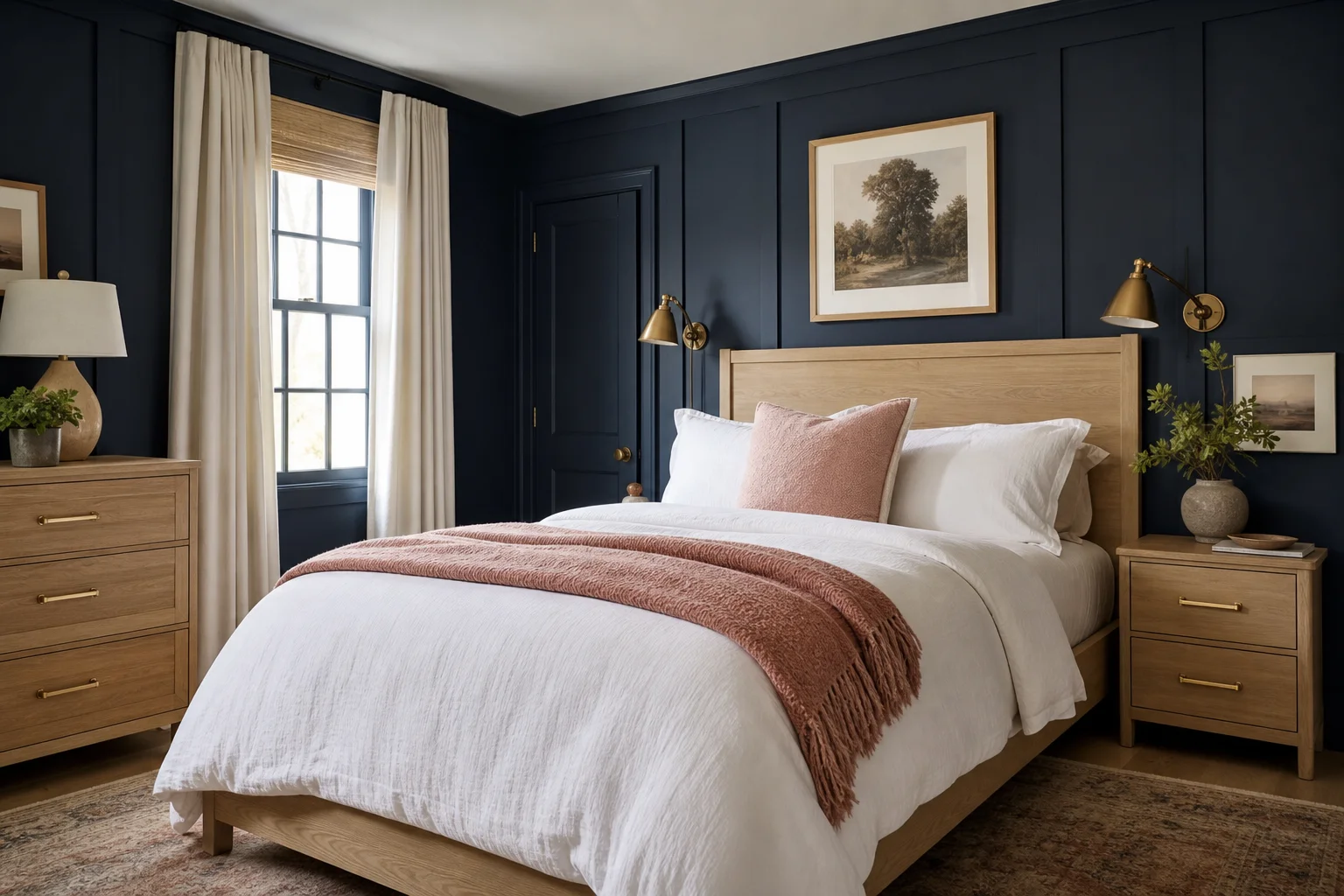 A navy bedroom styled with brass hardware and lighting, light oak furniture, crisp white bedding and a soft blush throw