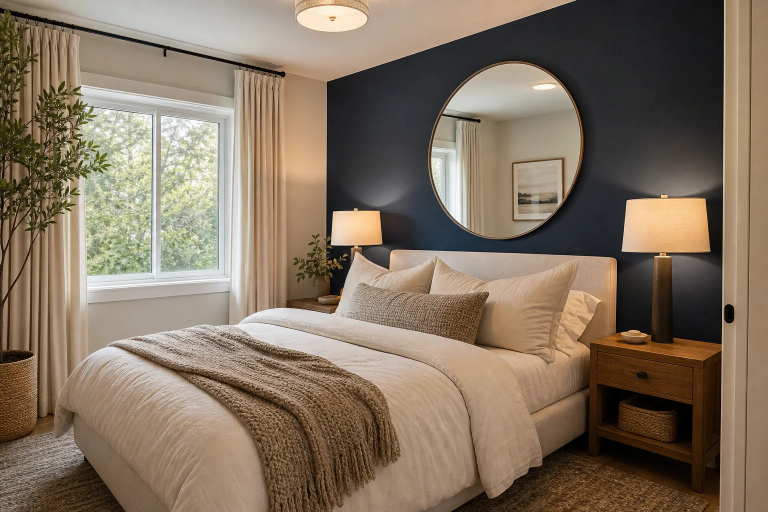 A small navy bedroom that still feels airy, with a navy feature wall, large mirror, light bedding and layered warm lighting from lamps