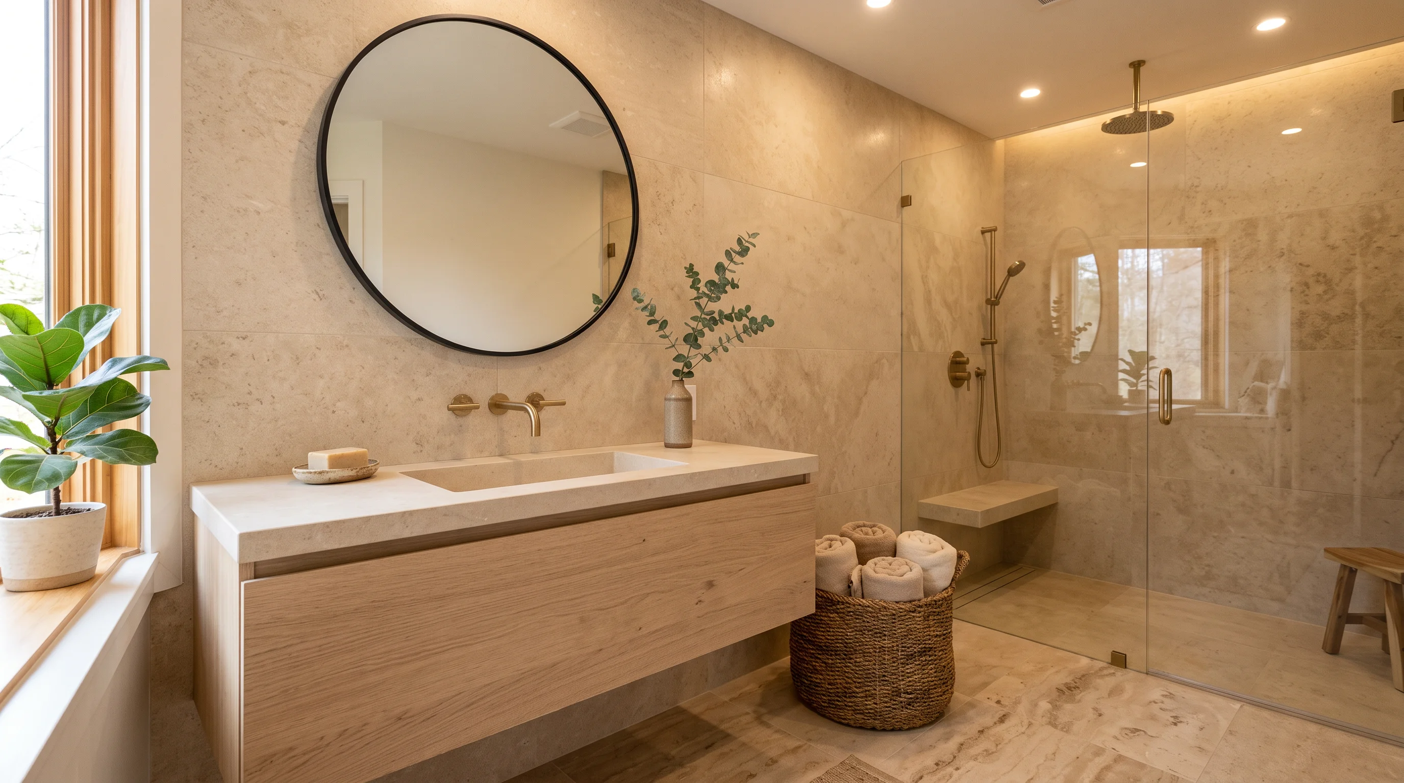 Organic modern bathroom with floating oak vanity, travertine tiles, and brushed brass fixtures