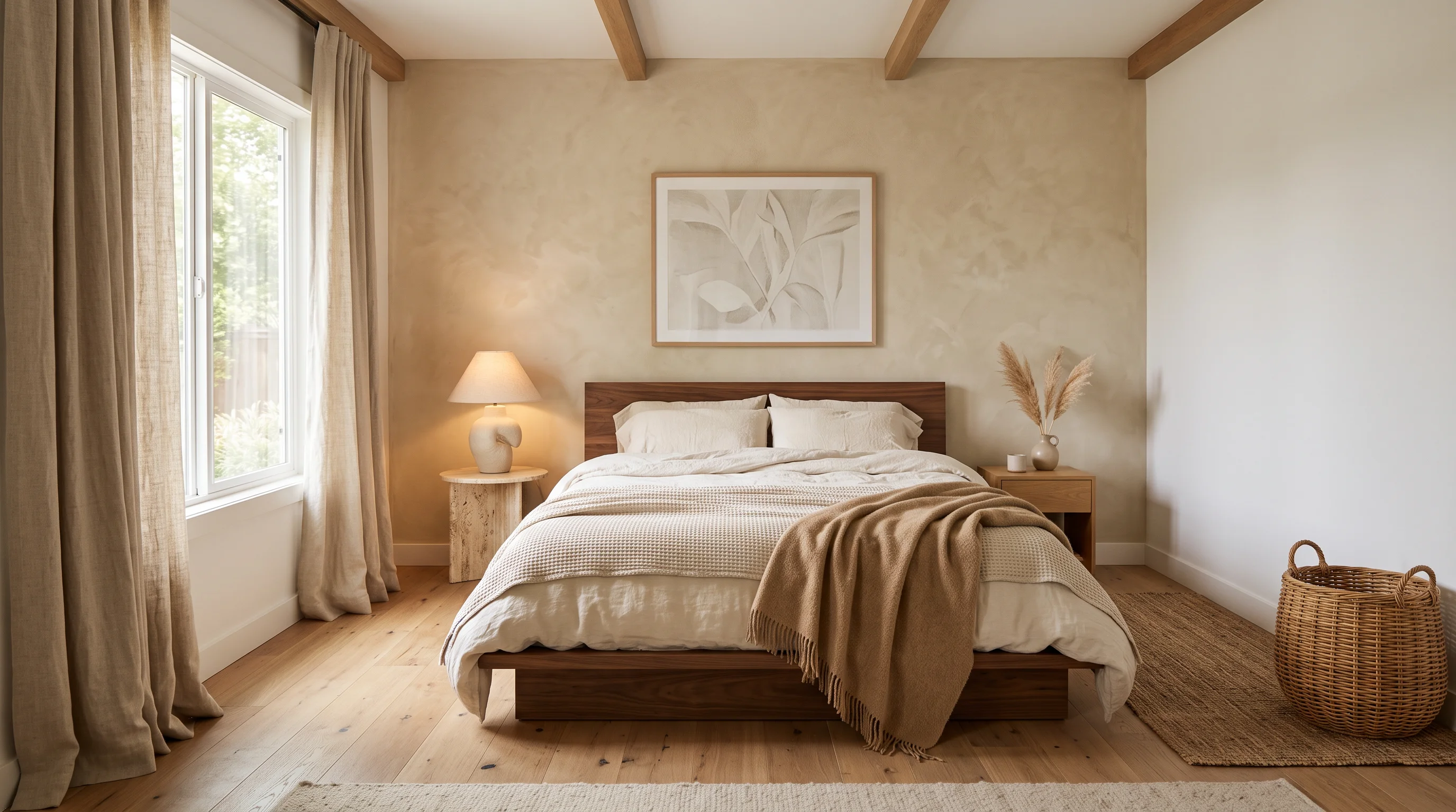Organic modern bedroom with walnut platform bed, linen bedding, and lime-washed accent wall