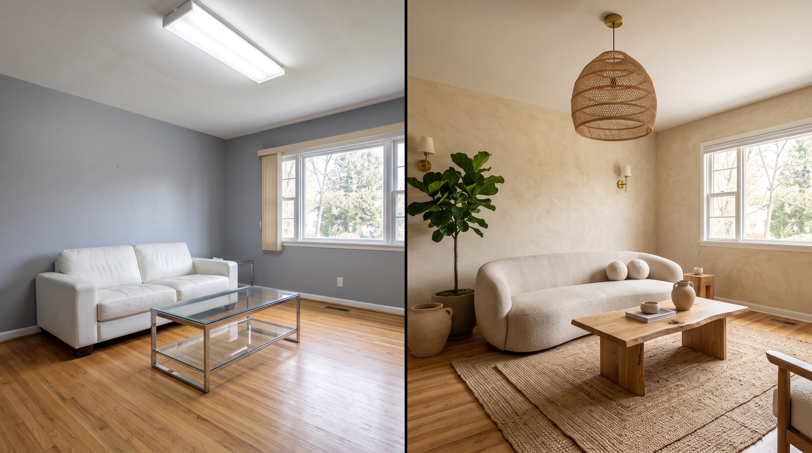 Before and after: a cold gray living room transformed into organic modern style