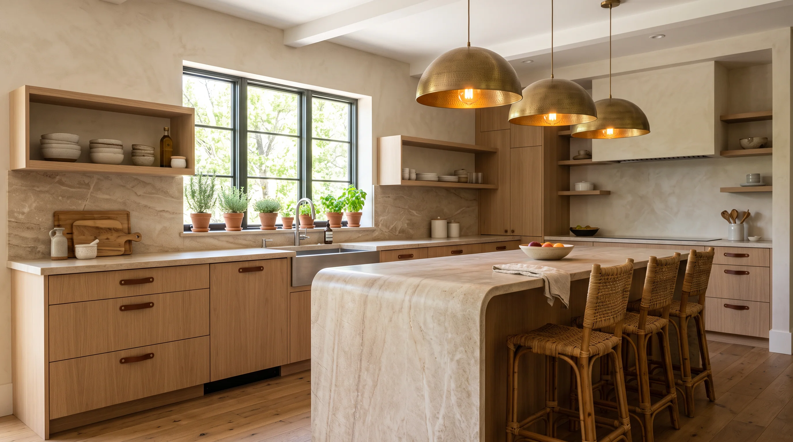 Organic modern kitchen with white oak cabinets, quartzite island, and brass pendant lights