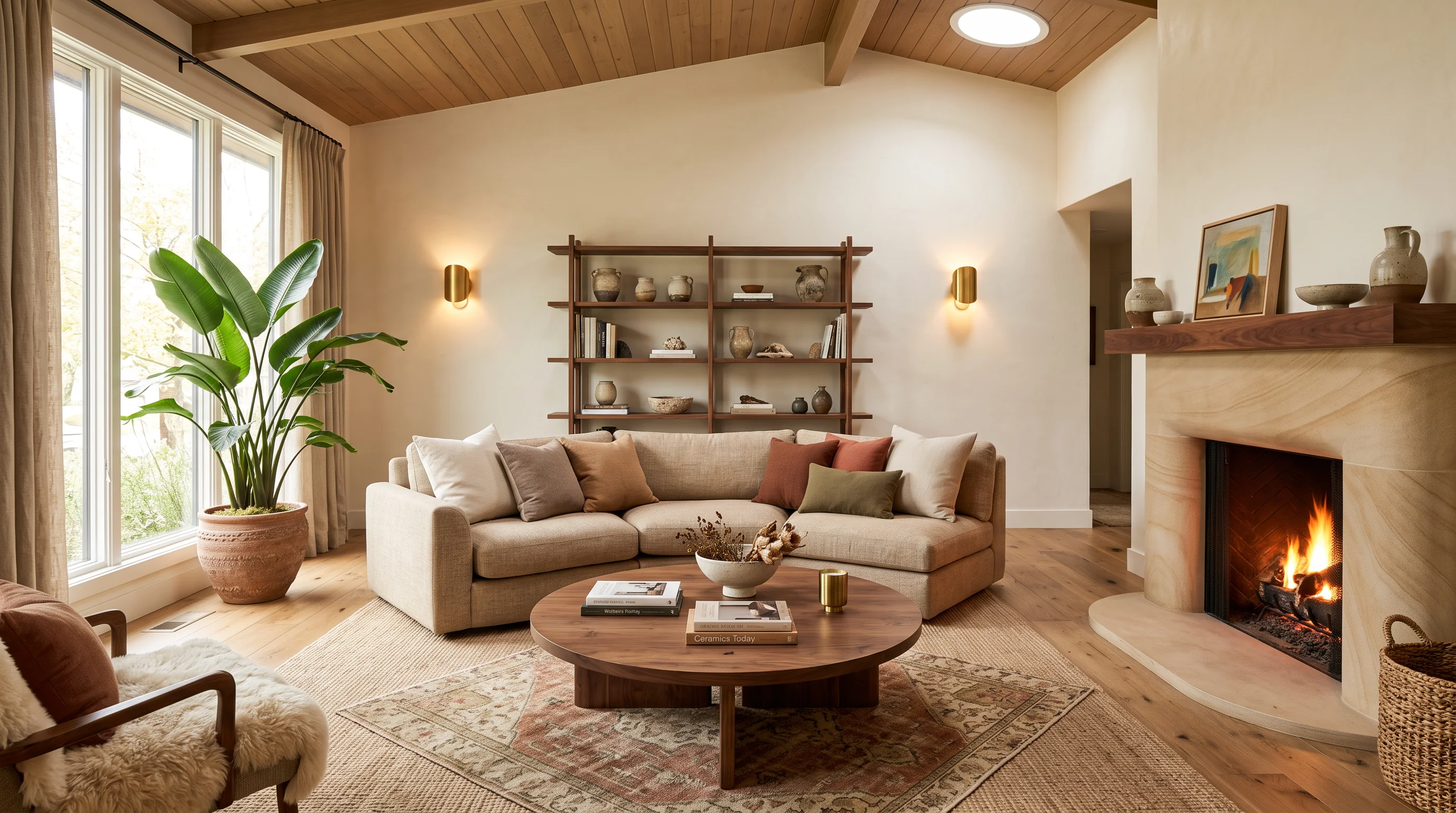 Organic modern living room with curved bouclé sofa, layered jute rugs, and warm natural light