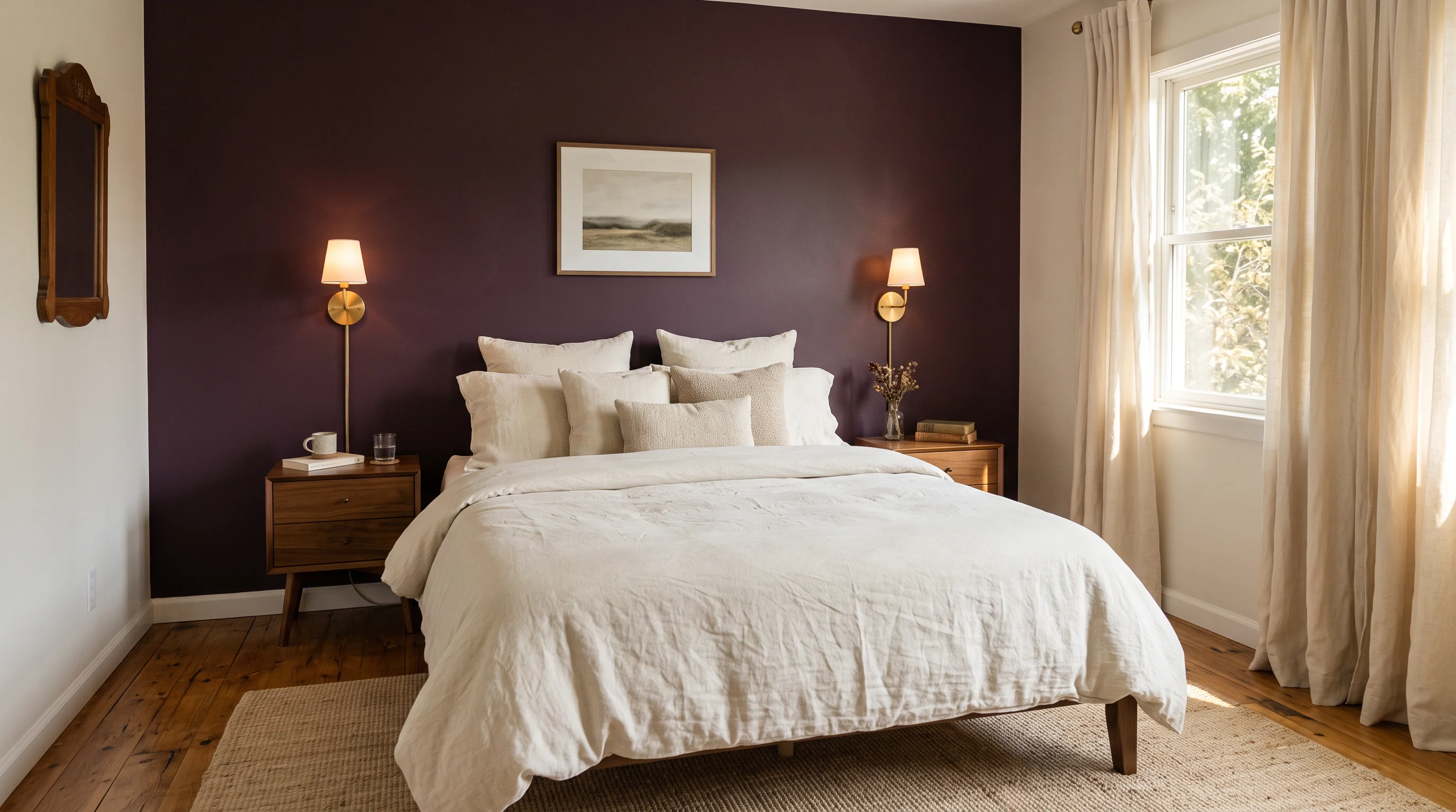 Plum feature wall behind bed with cream linen bedding, warm walnut nightstand, and brass table lamp in soft natural light