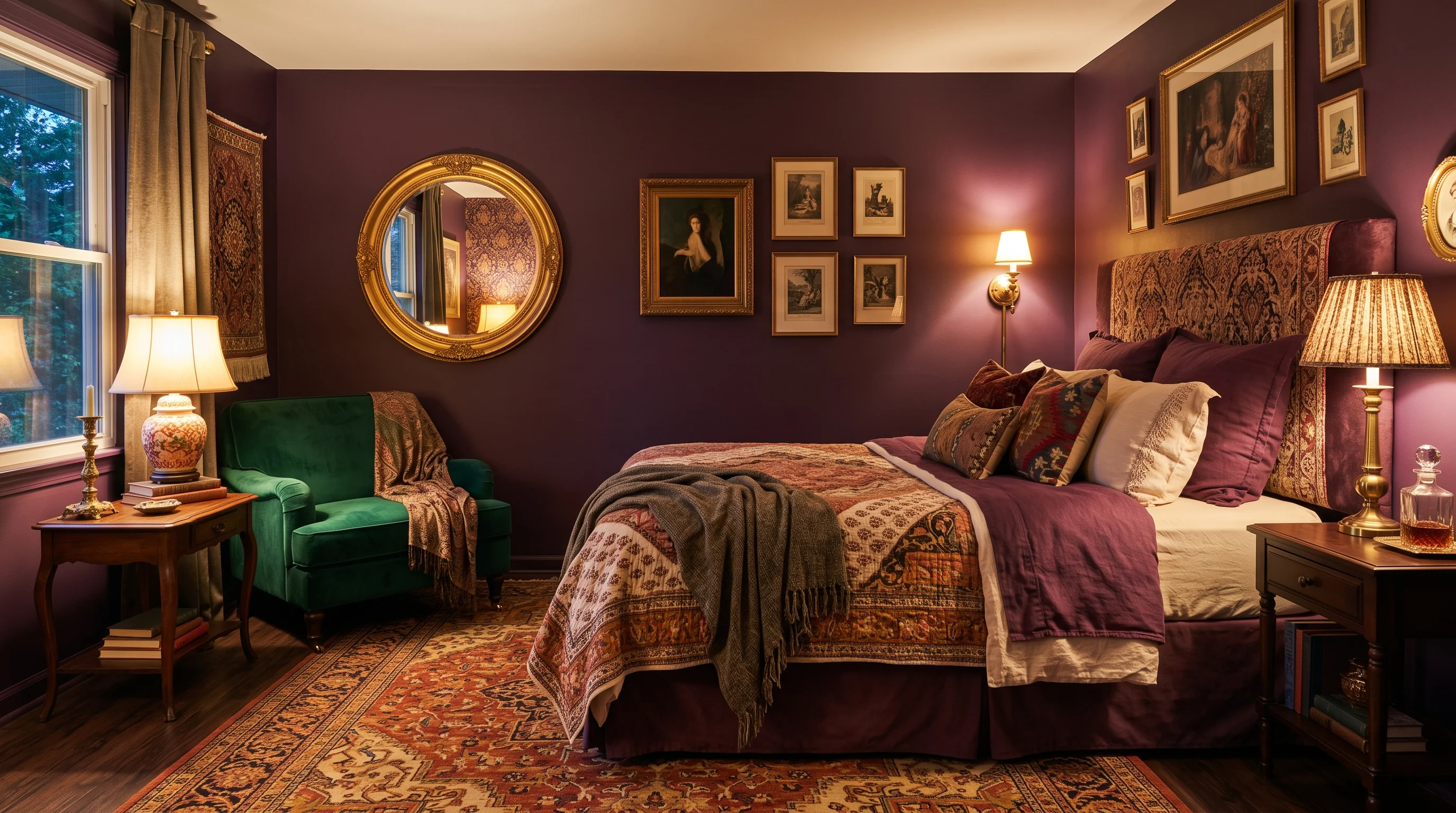 Plum bedroom with emerald velvet accent chair, gold-framed mirror, patterned rug, and warm layered lighting creating a jewel-box effect