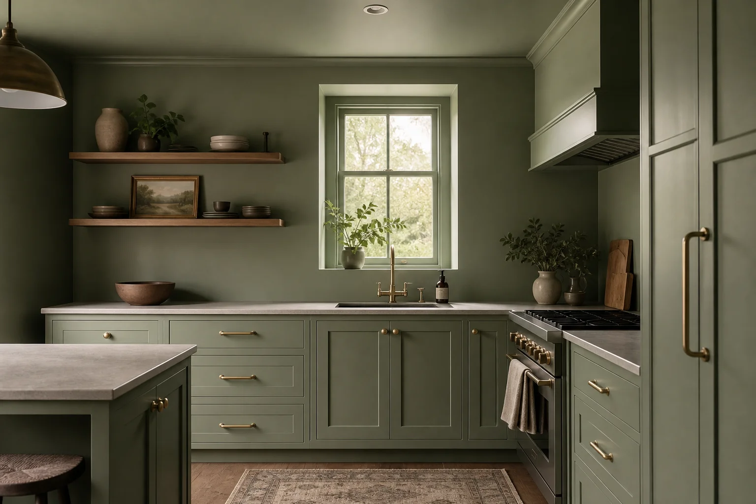 A small kitchen fully color-drenched in sage green — cabinets, walls and ceiling all in one muted sage, with brass hardware and warm wood floating shelves