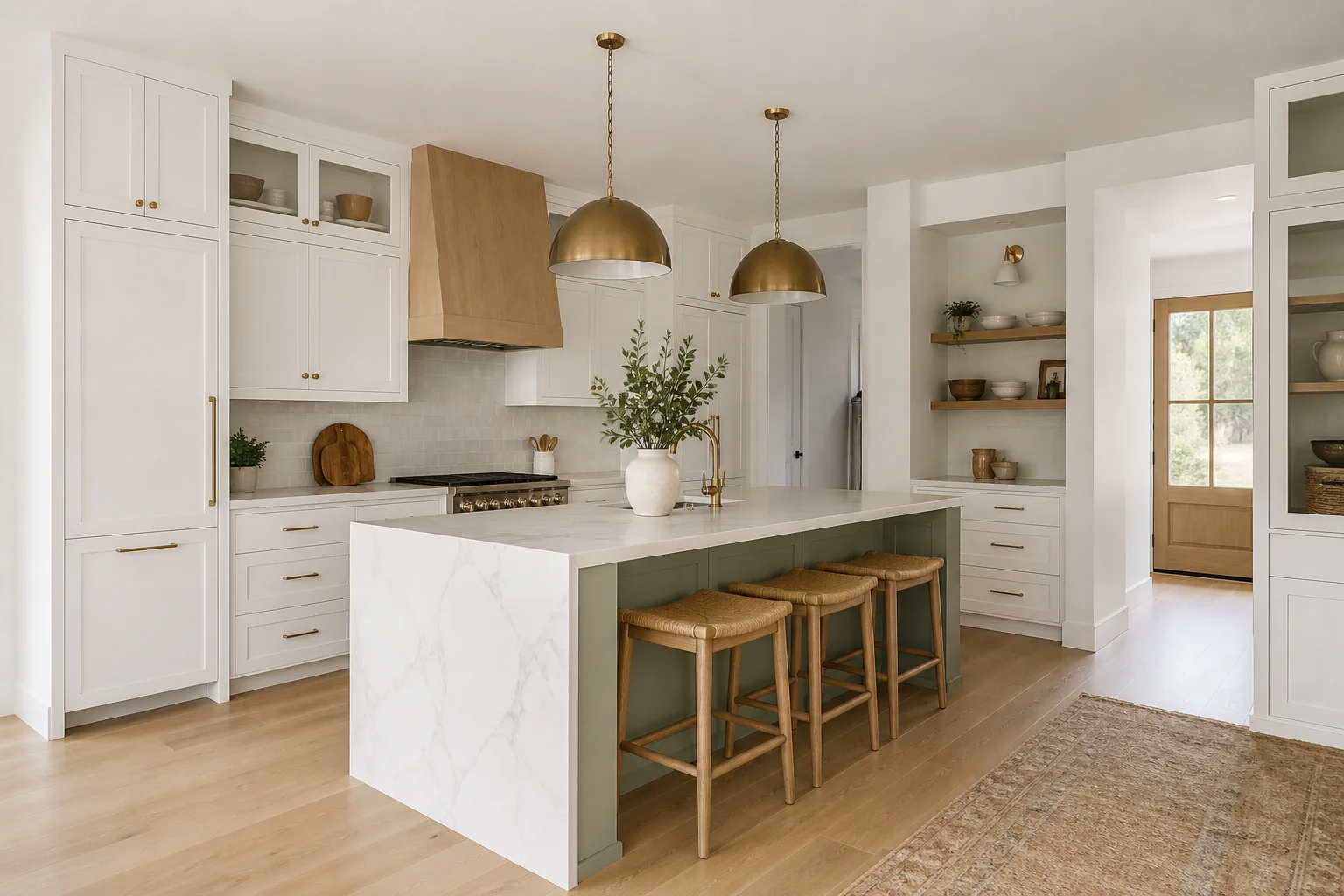 A neutral white and wood kitchen with a single sage green island, brass pendant lights above and a white marble waterfall countertop
