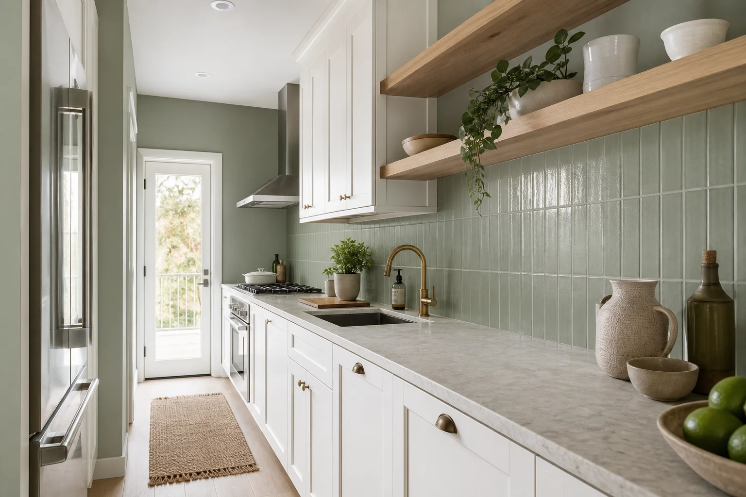 A small galley kitchen with white cabinets, sage green painted walls, open wood shelving and a sage green tiled backsplash