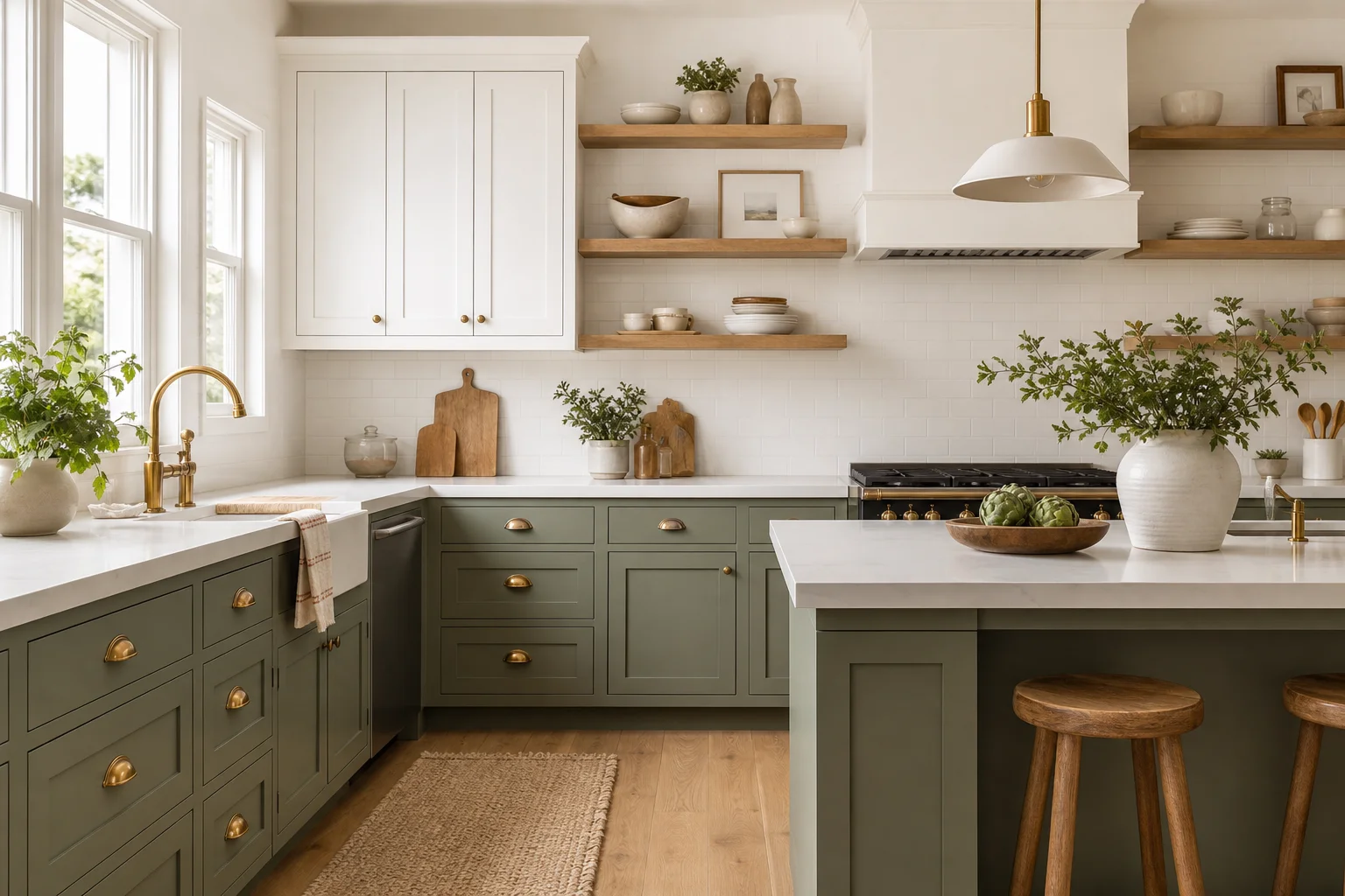 A two-tone kitchen with sage green lower cabinets, white upper cabinets and shelving, light oak open shelves, brass hardware and white stone countertops