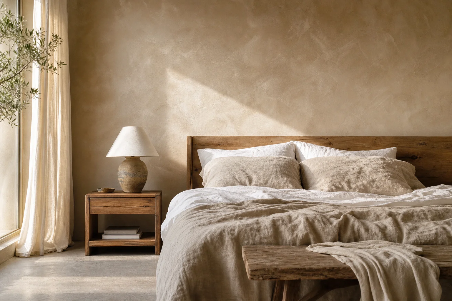 Limewash bedroom wall in warm beige with soft cloudy mottled texture, linen bedding and morning light raking across the surface