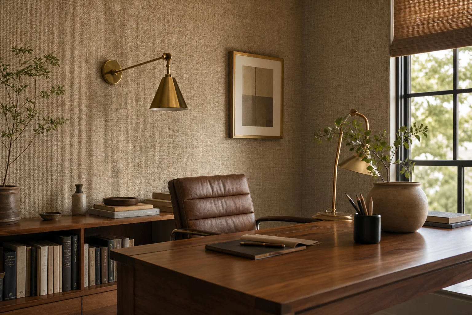 Home office with woven linen wallpaper in oatmeal tone, walnut desk, wall sconce and layered natural textures