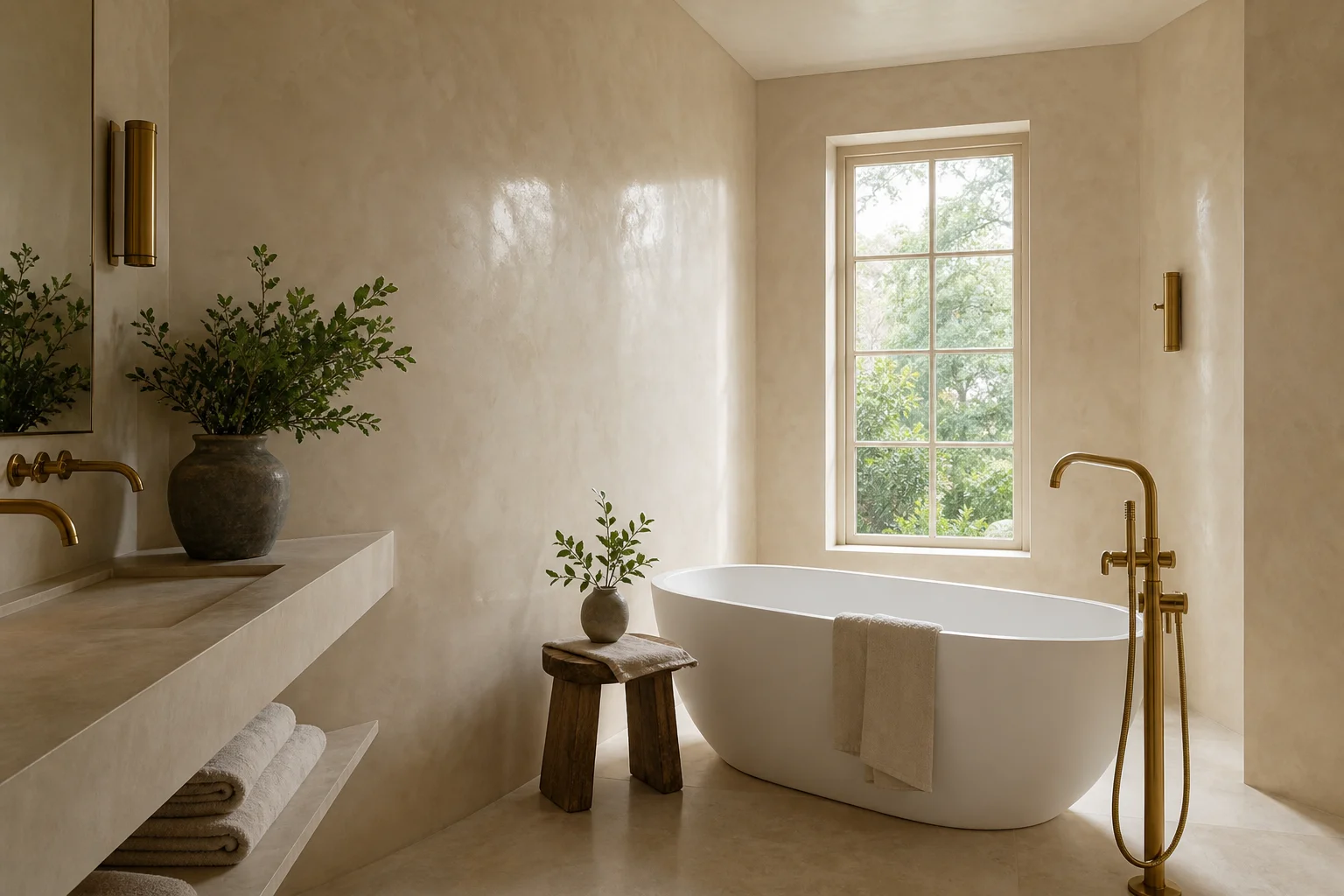 Polished Venetian plaster bathroom wall in warm cream with subtle stone-like sheen, freestanding tub and brass fixtures