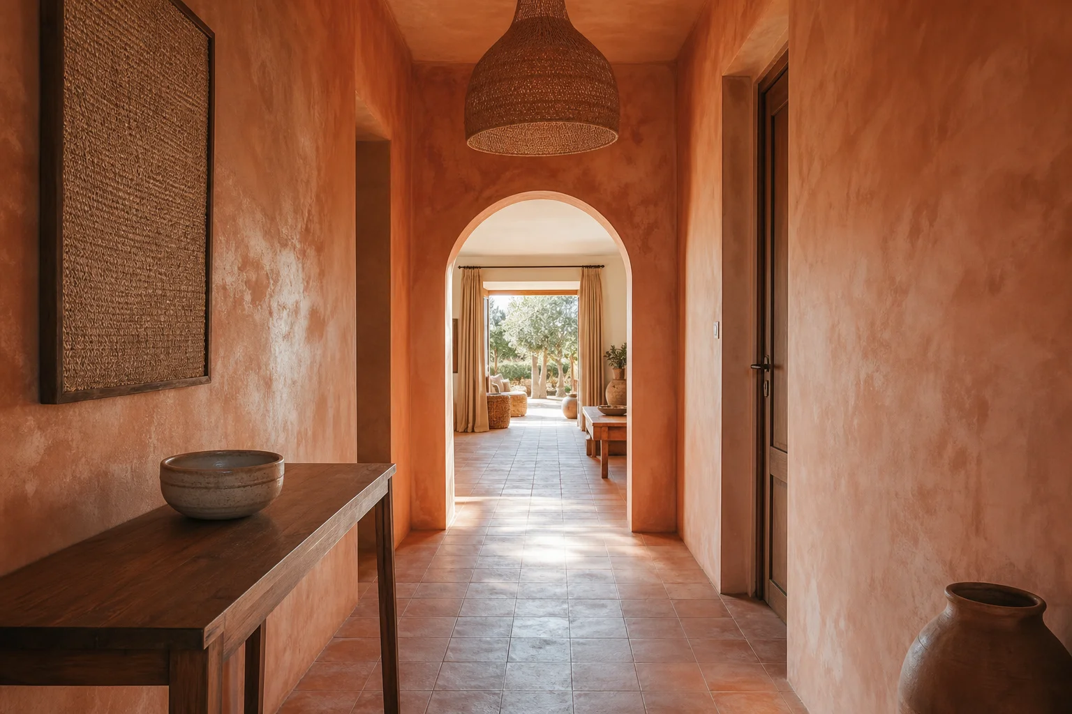 Terracotta limewash hallway with arched doorway, soft mottled walls and warm afternoon light