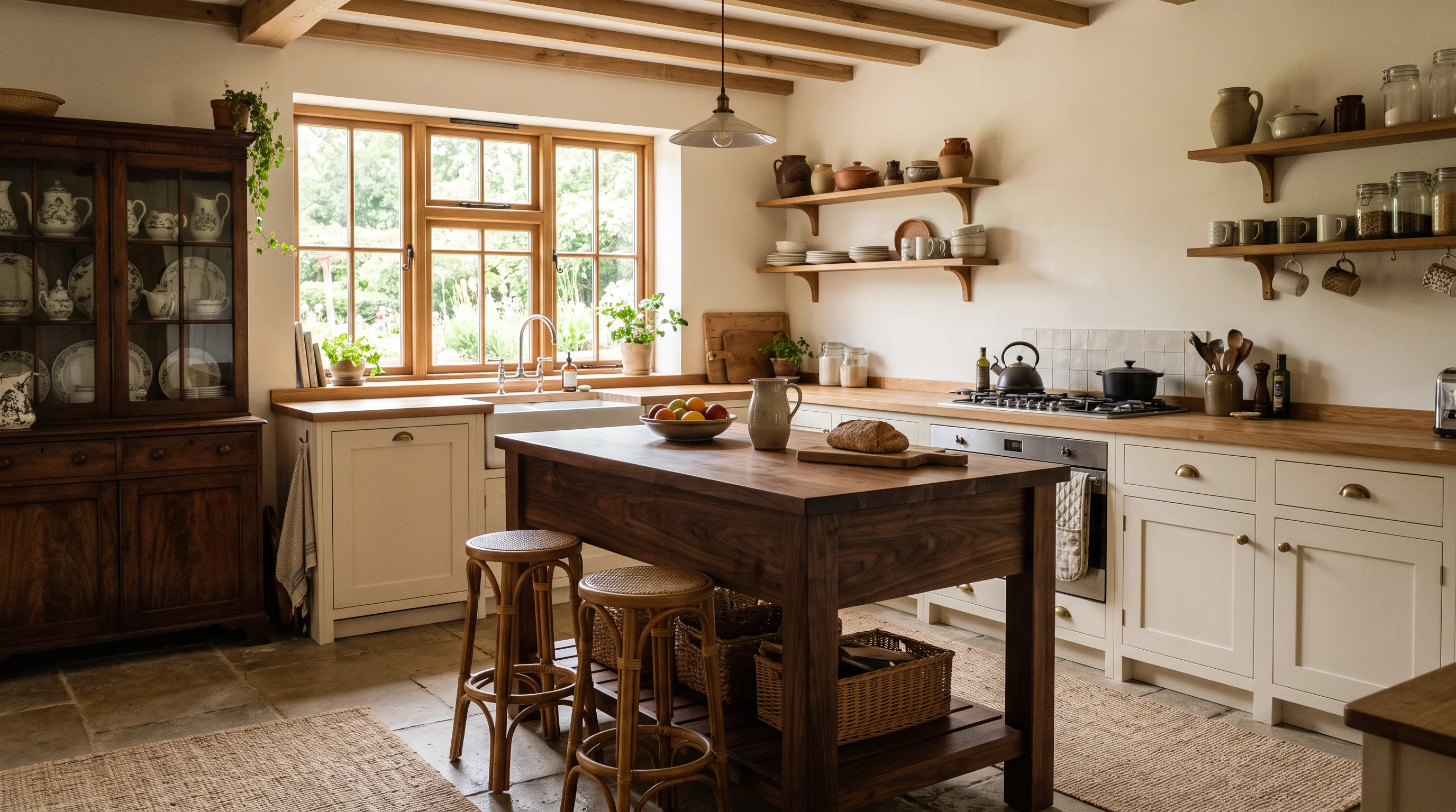 Kitchen with fitted base cabinets around the sink and freestanding walnut island, open wood shelving, and vintage hutch