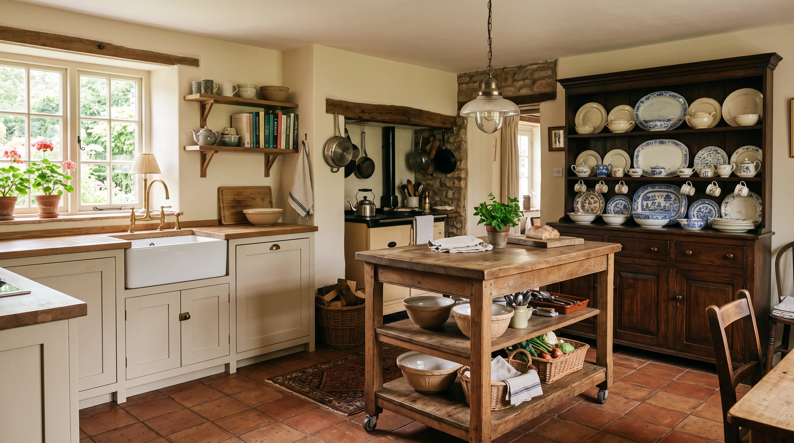 Bright unfitted kitchen with freestanding wooden island, open shelving, vintage hutch, and warm natural light