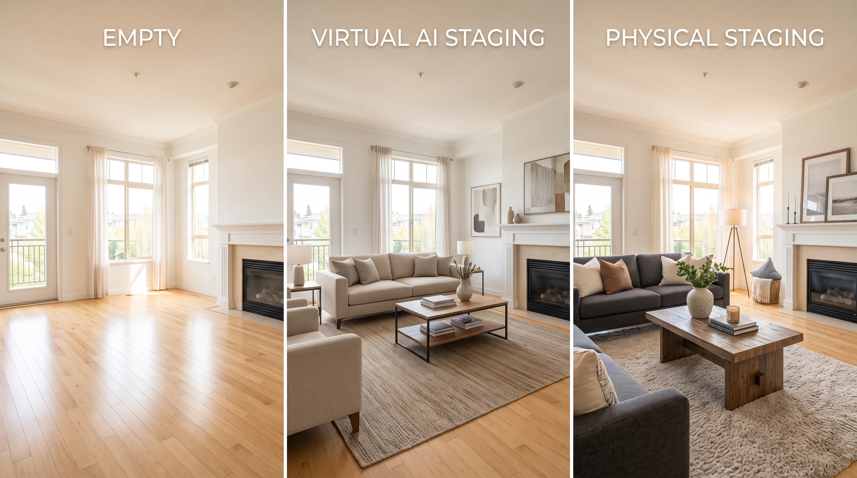 An infographic showing three pricing tiers of virtual staging: AI tools at under 5 dollars, human-edited at 16 to 75 dollars, and physical staging at 2000 to 12000 dollars, clean professional design with cost icons, wide-angle, no purple