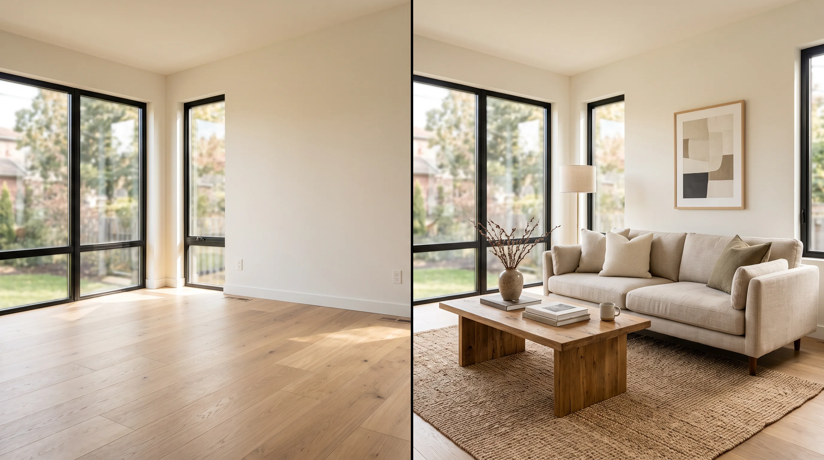 A side-by-side comparison showing an empty living room on the left and the same living room virtually staged with a sofa, rug, coffee table, and wall art on the right, natural light from windows, wide-angle real estate photography