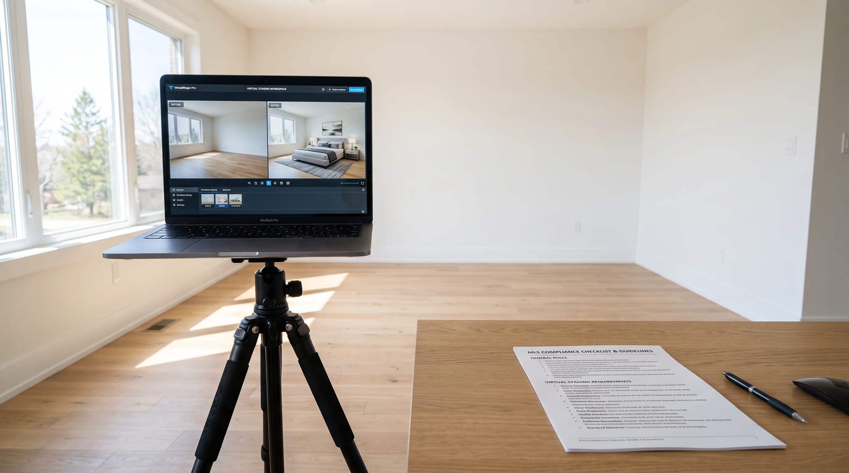 A simple checklist graphic showing MLS virtual staging disclosure requirements: label the image, include original photo, add remarks disclosure, retain records, clean professional design, no purple
