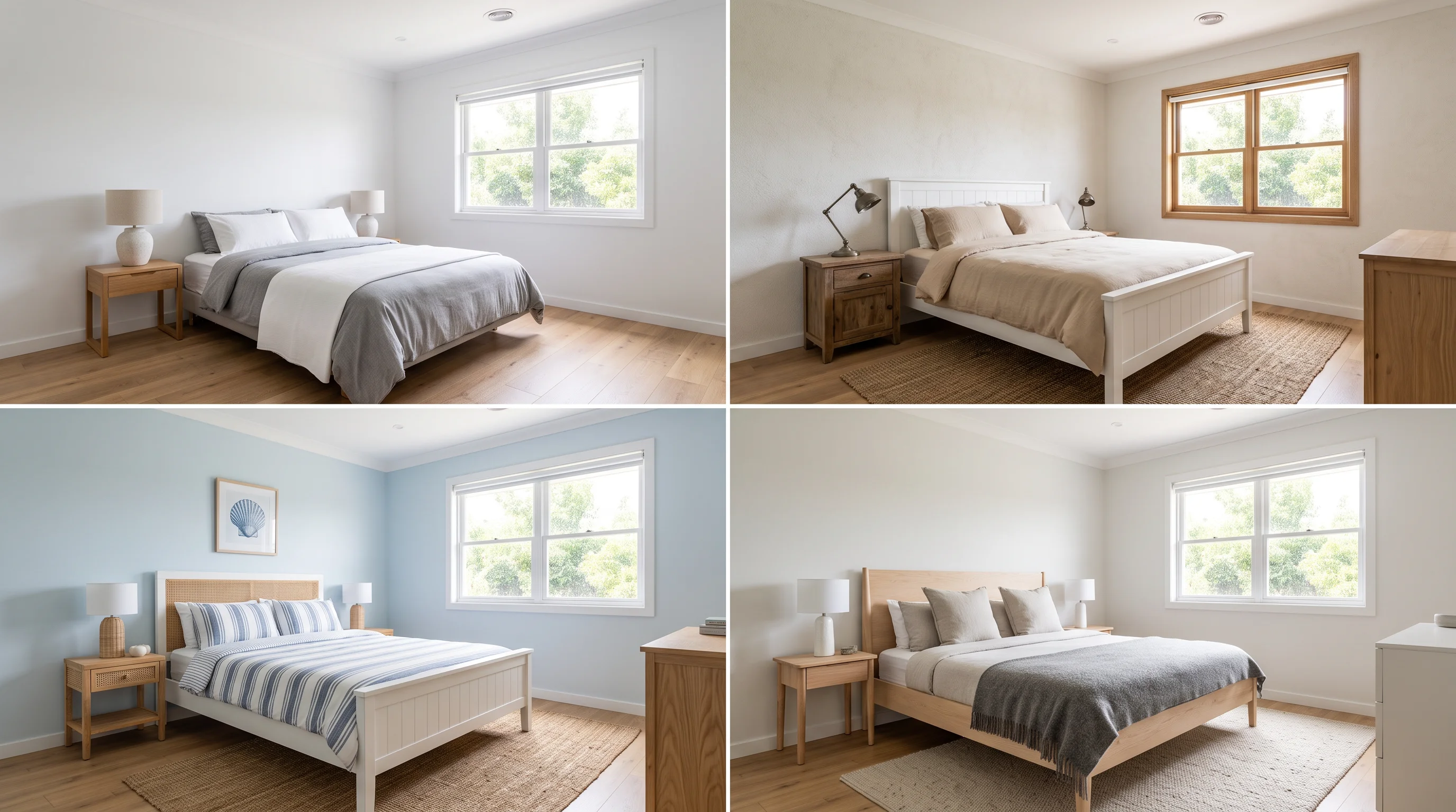 A grid showing four different staging styles applied to the same empty room: modern minimalist, farmhouse, coastal, and Scandinavian, same camera angle and room layout in each, wide-angle real estate photography, no purple