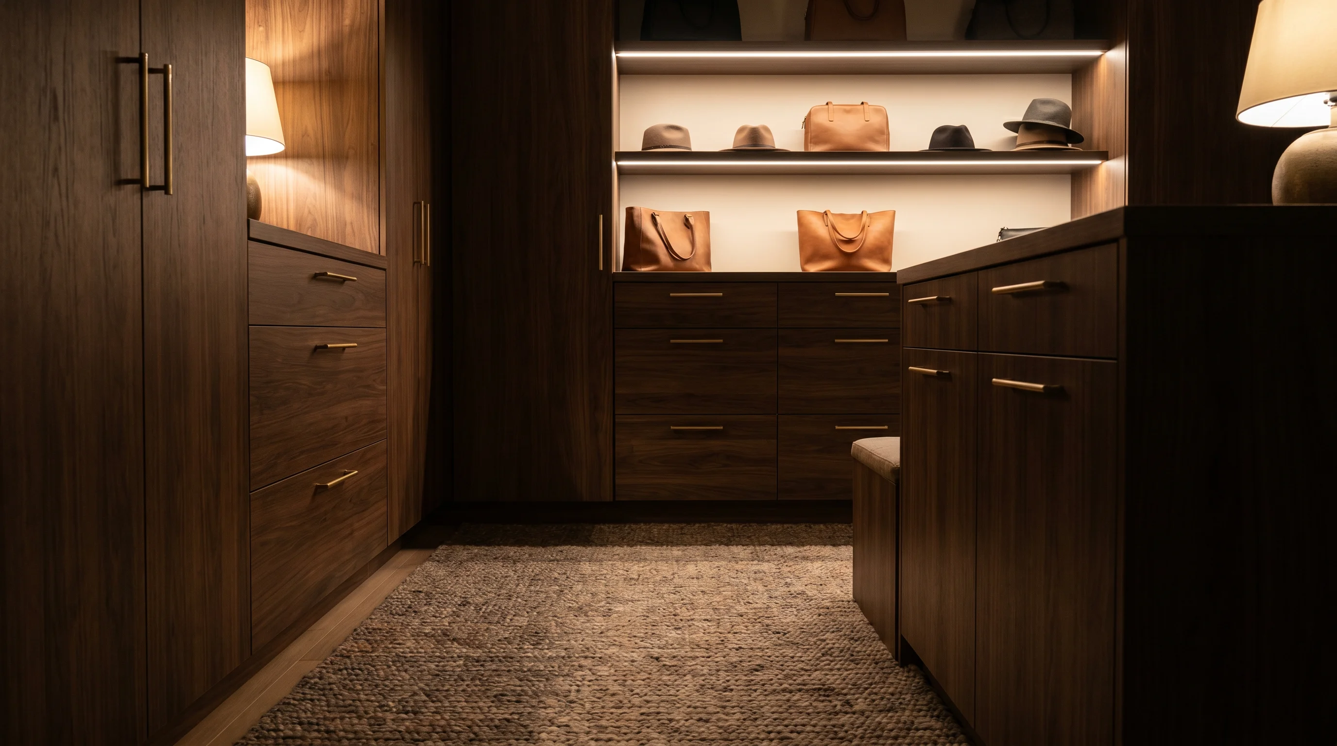 A boutique-style walk-in closet with warm wood-grain cabinetry, a textured area rug, brass hardware, and a display shelf of handbags