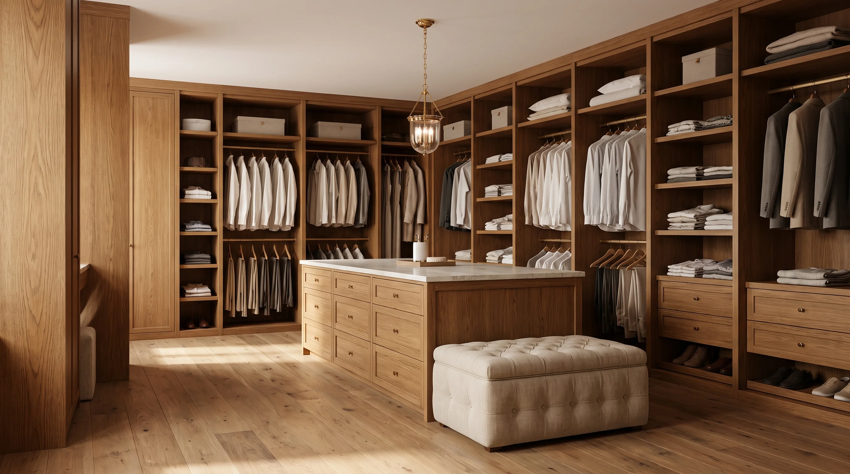 A luxury walk-in closet with a center island with drawers and a stone top, and an upholstered bench, surrounded by warm wood wardrobes