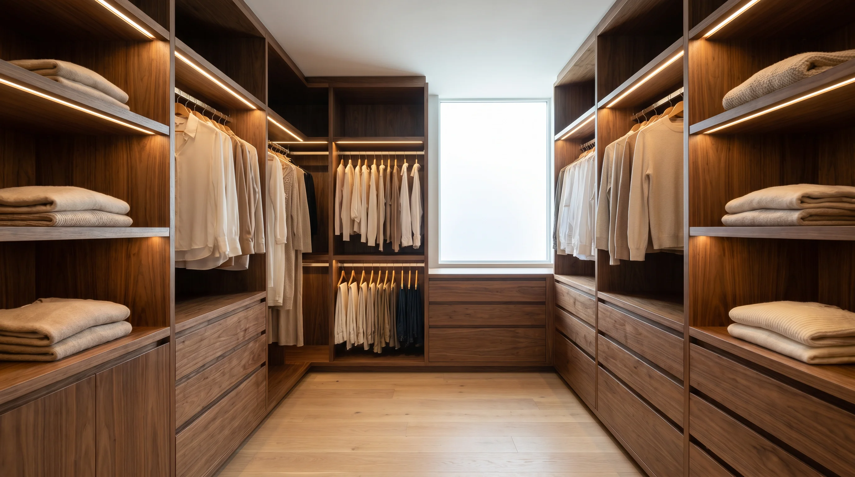 A spacious U-shaped walk-in closet with warm wood cabinetry wrapping three walls, hanging sections, shelving, and drawers, softly lit
