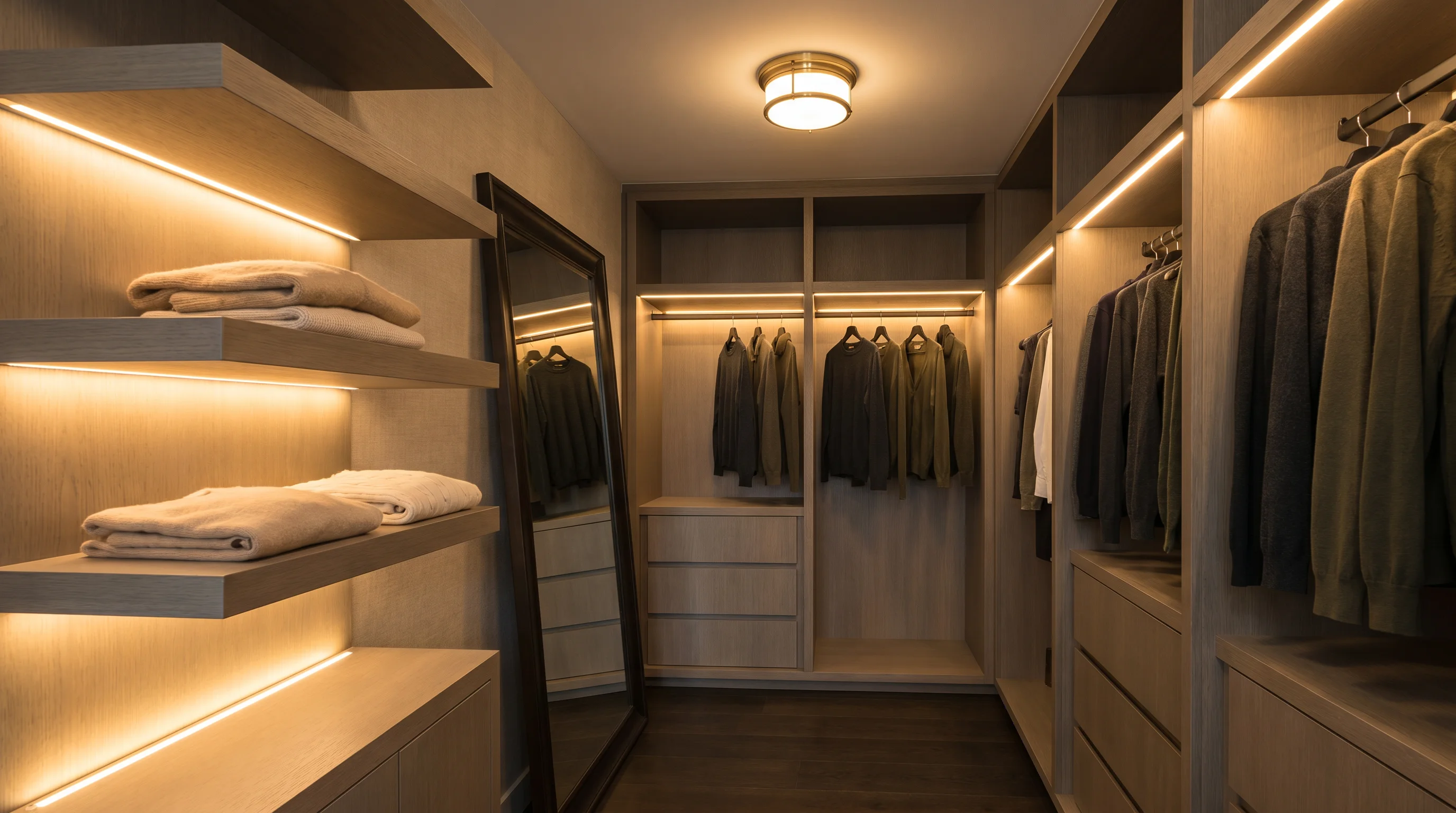 A walk-in closet with warm LED strip lighting under shelves and inside hanging sections, a large full-length mirror, and a small chandelier