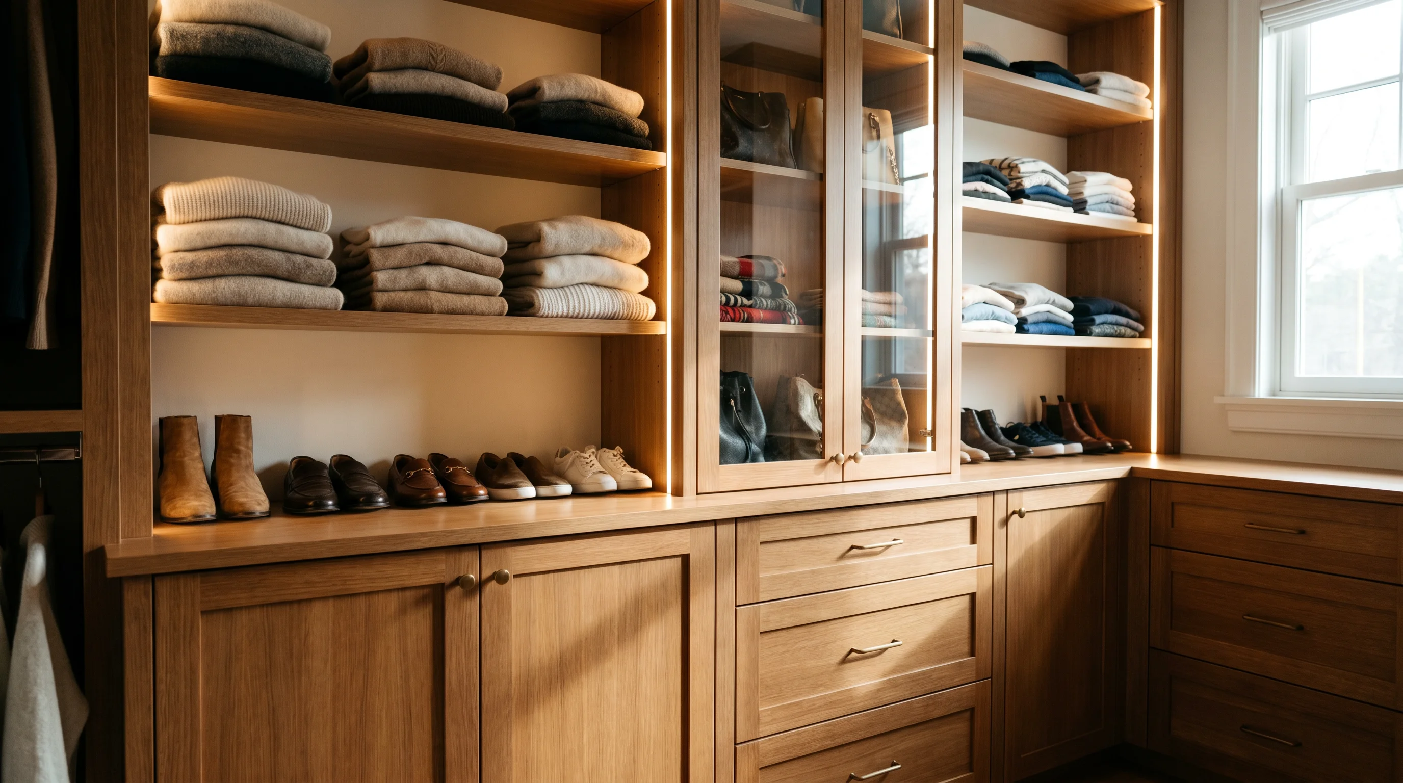 A walk-in closet mixing open shelving displaying folded knits and shoes with closed warm-wood cabinets and drawers below, calm and organized