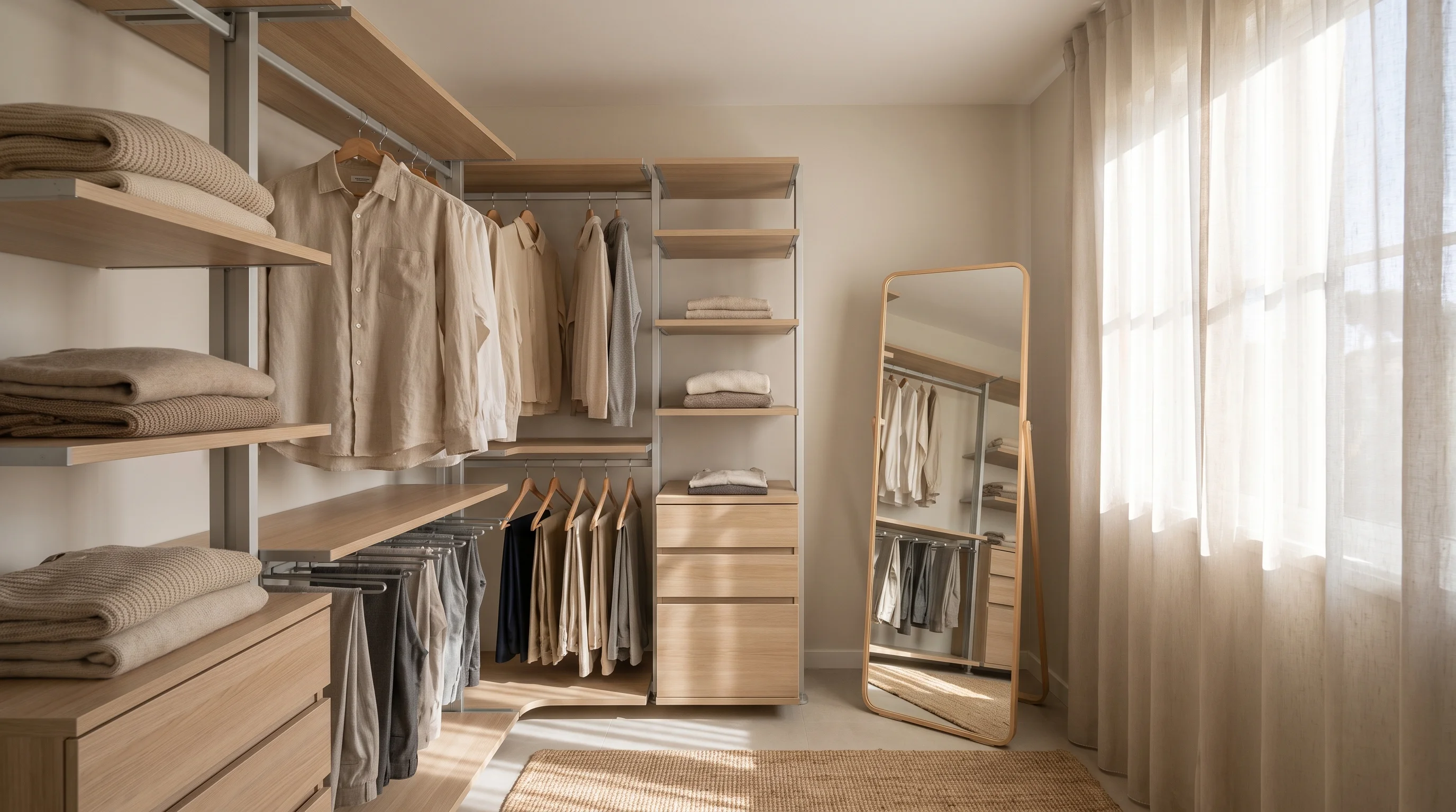 A small spare bedroom converted into a walk-in closet, with wardrobe systems along two walls, a mirror, and soft natural window light