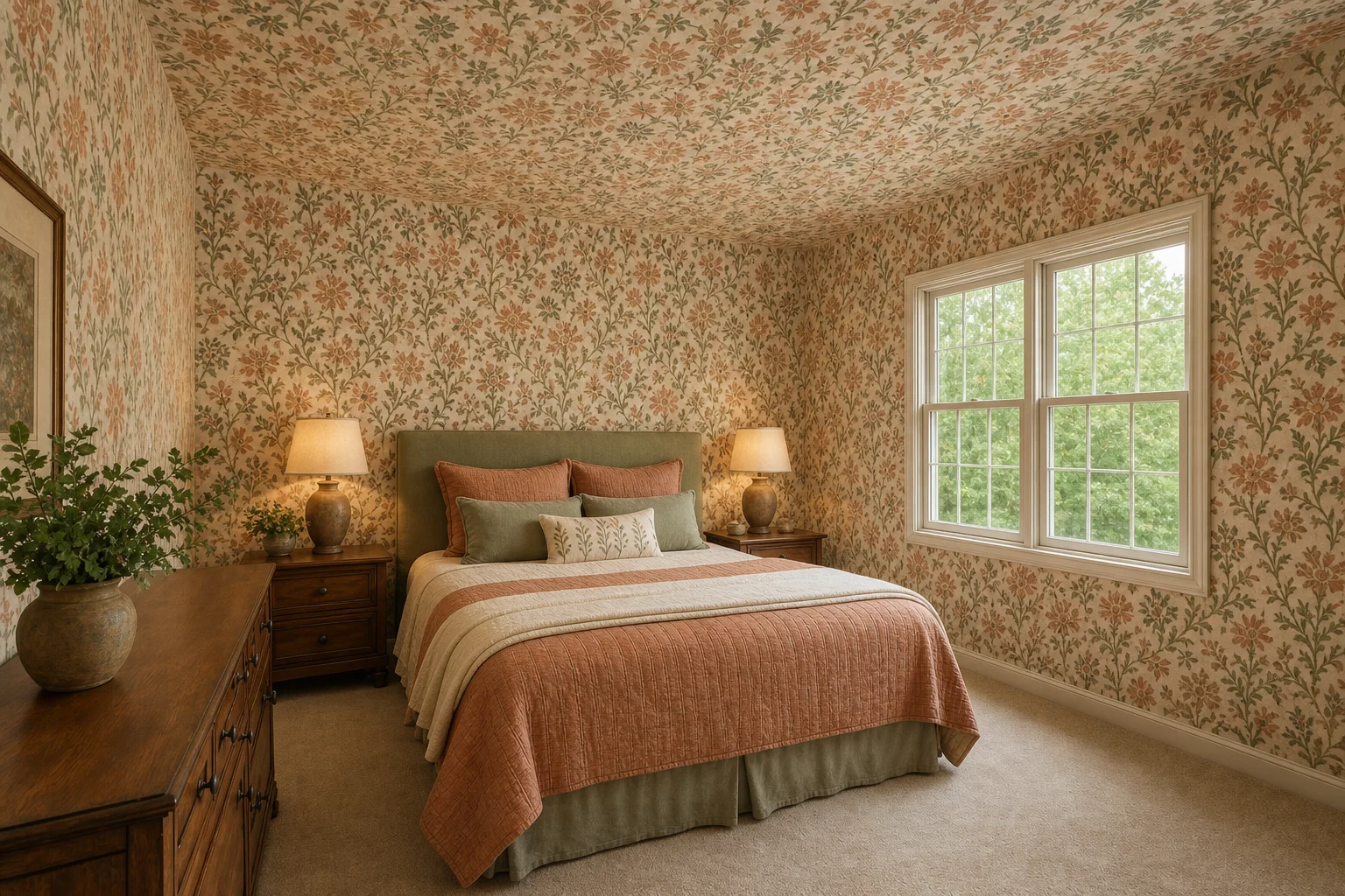 The same room wallpaper-drenched — the same pattern on all four walls and the ceiling, with coordinated bedding and a solid-toned headboard for visual rest, feeling cohesive and enveloping