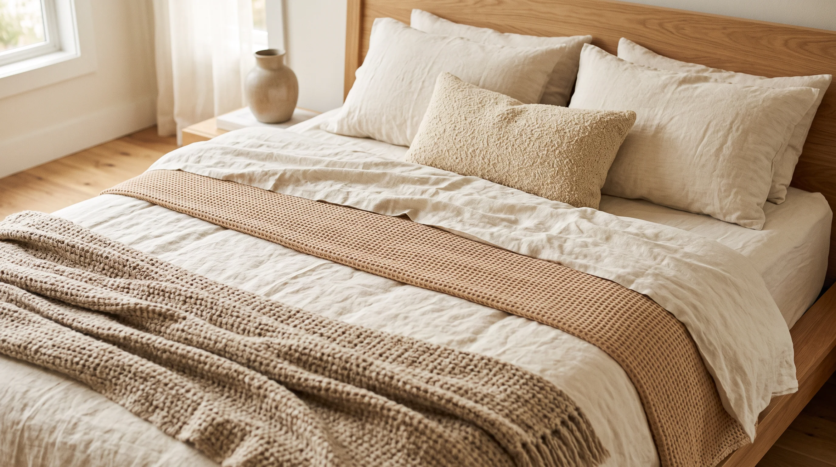 Warm minimalist bedding layers — linen sheets, waffle-knit blanket, and chunky wool throw