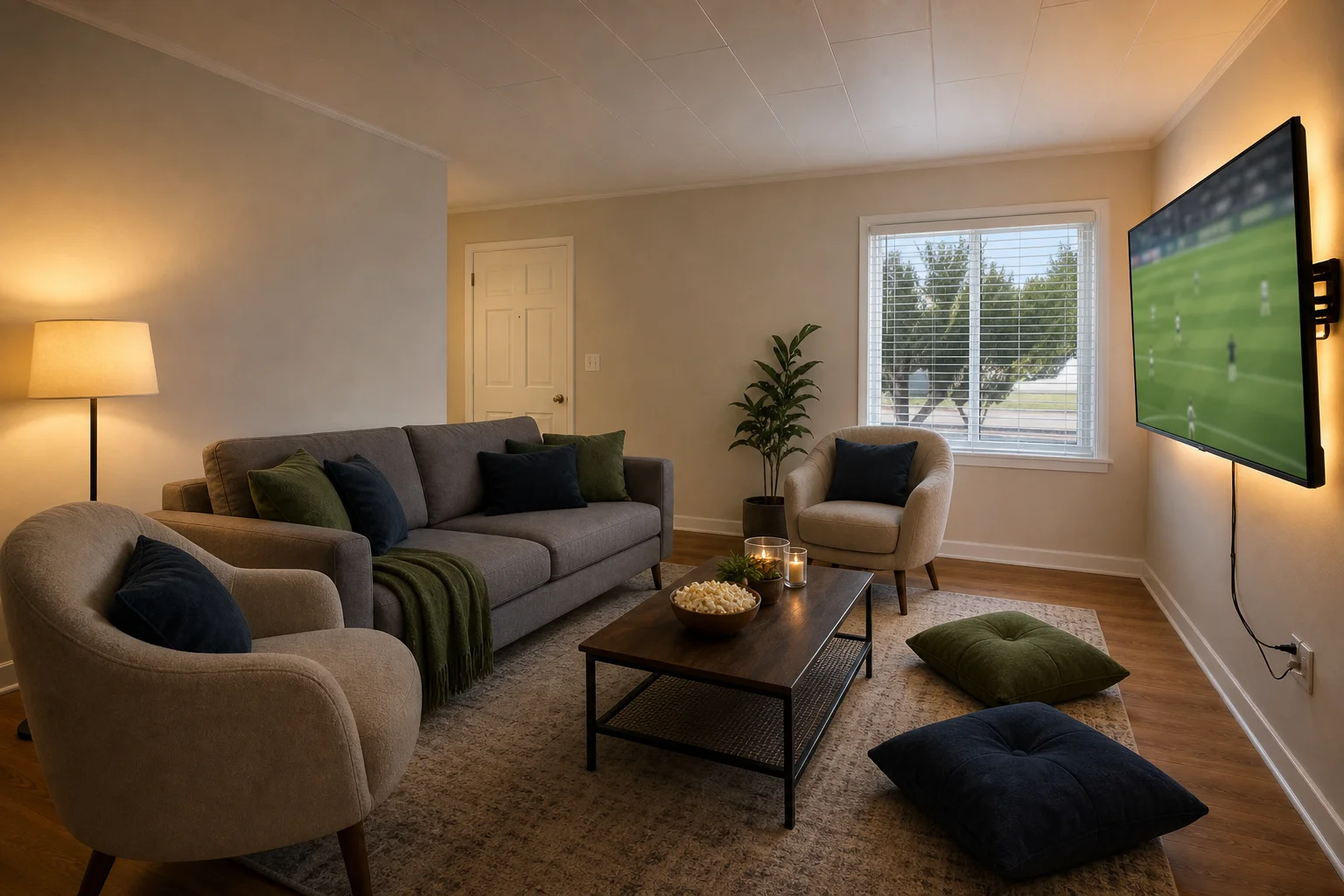 A living room arranged for a World Cup watch party — a sectional and accent chairs in a semicircle facing a large wall-mounted TV, floor cushions in front, an area rug defining the zone, warm bias lighting behind the screen
