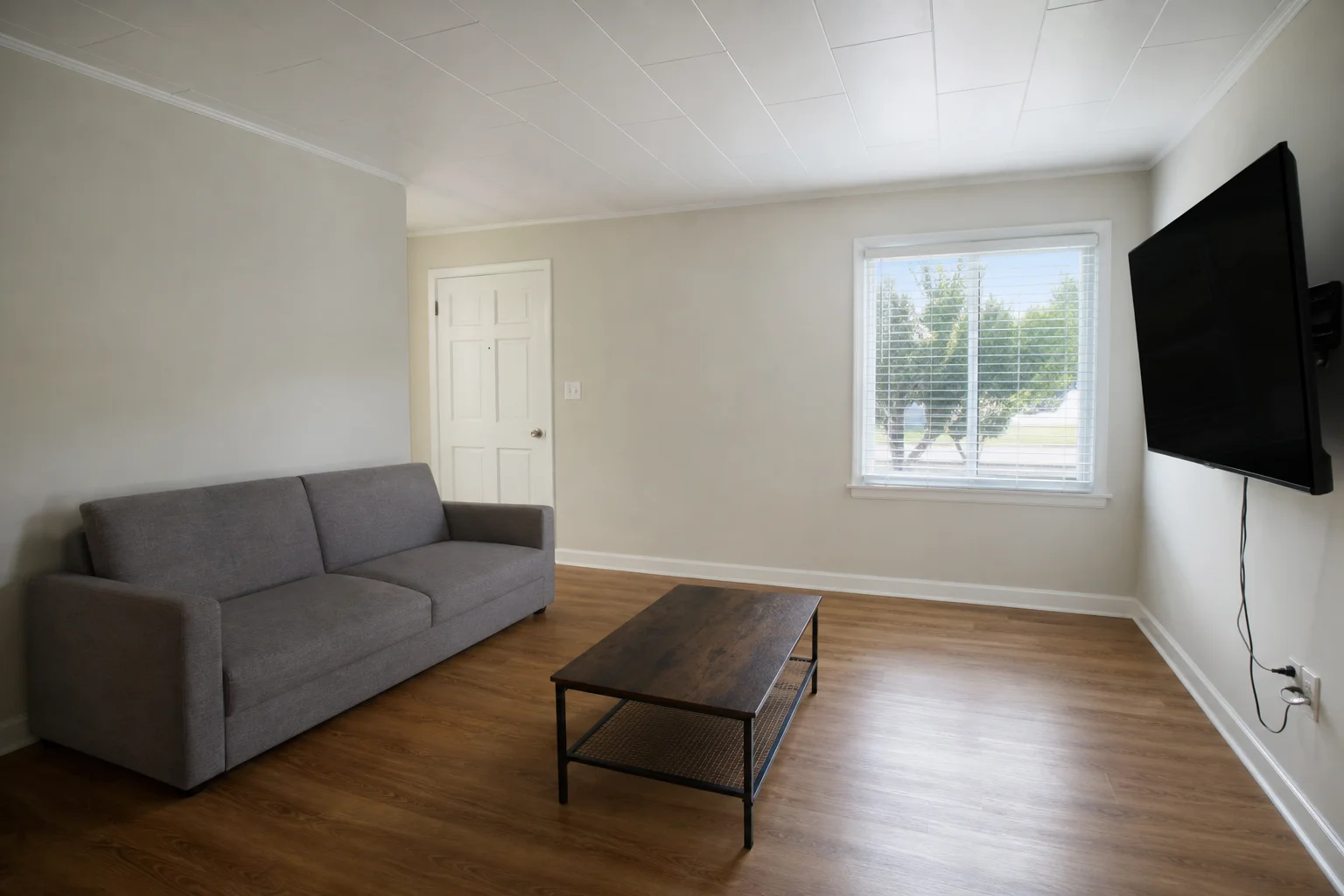 The same living room before the watch-party setup — a single sofa against the wall, TV positioned off-center, no defined viewing zone, everyday undecorated layout