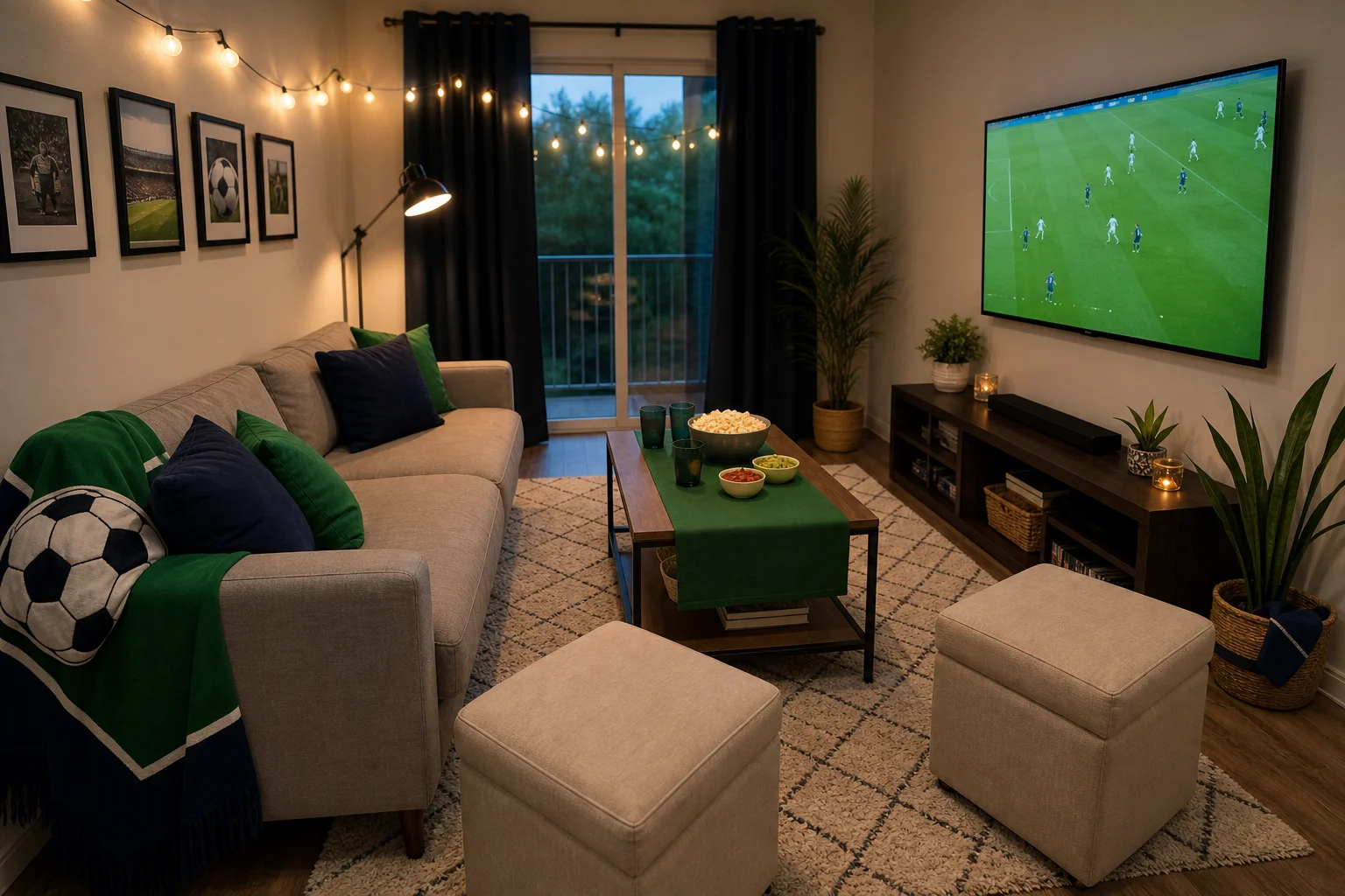 A small apartment set up for a World Cup watch party — a compact sofa against the wall facing a wall-mounted TV, two ottomans as flexible seating, a green table runner with snacks, subtle team-color throw pillows and warm string lights